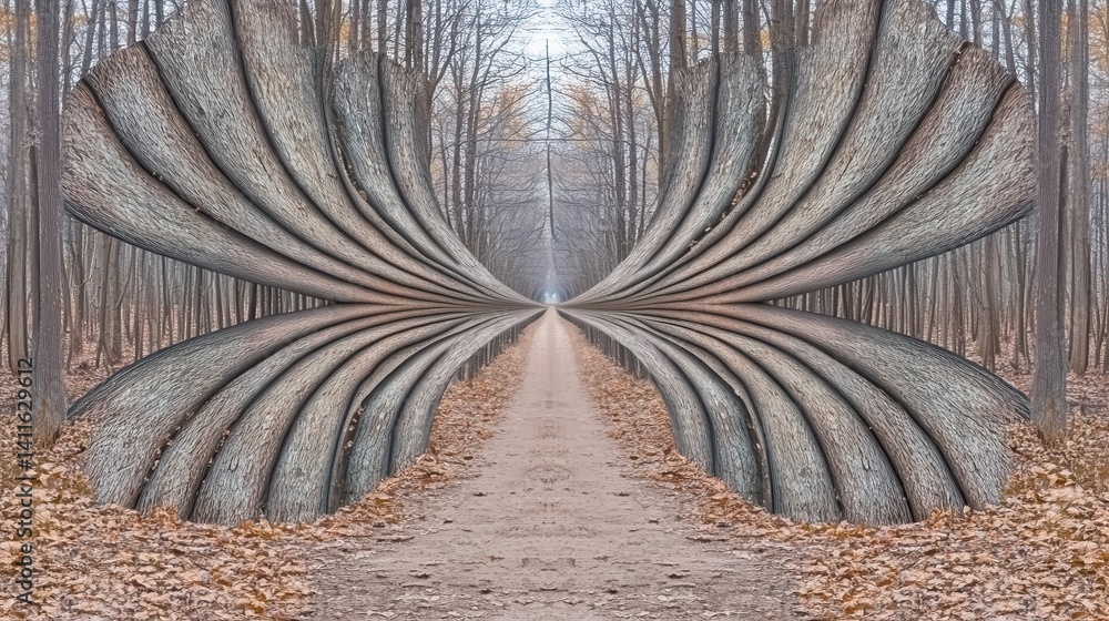 Poster forest path transformed into a symmetrical butterfly shape.