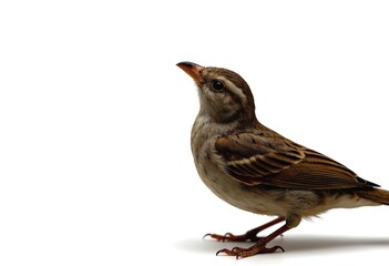 Small Brown Sparrow Standing on White Background Looking Upward