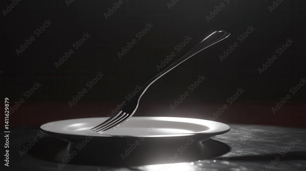 Poster empty plate with a single fork, illuminated.