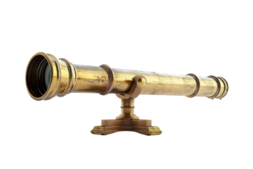 A vintage brass telescope resting elegantly on a wooden pedestal, inviting exploration of distant horizons isolated on transparent background