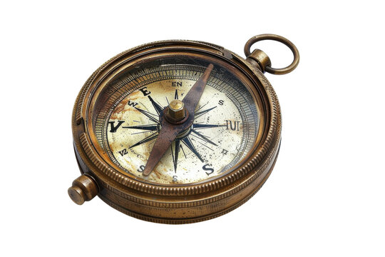 An antique brass compass resting on a white surface, showcasing intricate details and the passage of time in design and craftsmanship isolated on transparent background