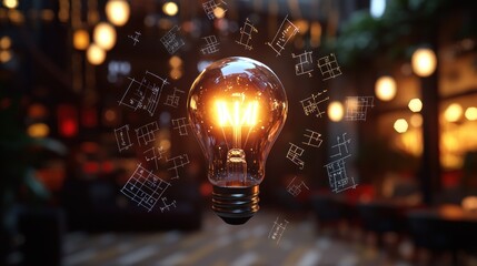Illuminated lightbulb, urban cafe, idea sketches, inspiration