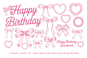 Hand-drawn pink ribbon bows, hearts, and frames with 