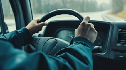 A truck driver gripping the steering wheel inside a cabin. Featuring control and concentration