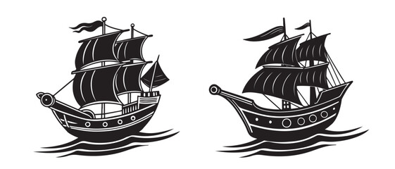 Silhouette of boats and ship vector icon set illustration isolated on white background.