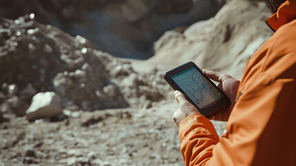 Geologist using a handheld GPS device to track coordinates of lithium deposits at a mining site. Featuring GPS tracking