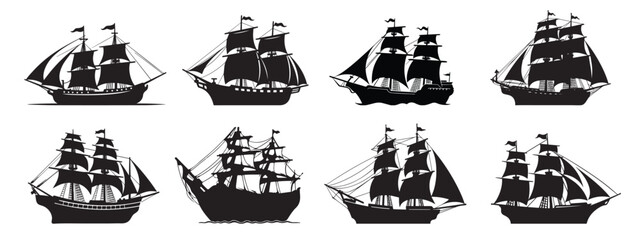 Silhouette of boats and ship vector icon set illustration isolated on white background.