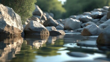 Peaceful Reflections of Rocks and Water at Riverbank in Macro View