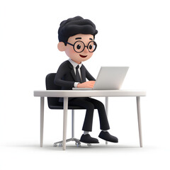 3D render of cartoon businessman working on laptop.
