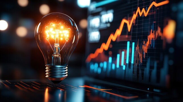 Illuminated lightbulb over financial data (1) - Powered by Adobe