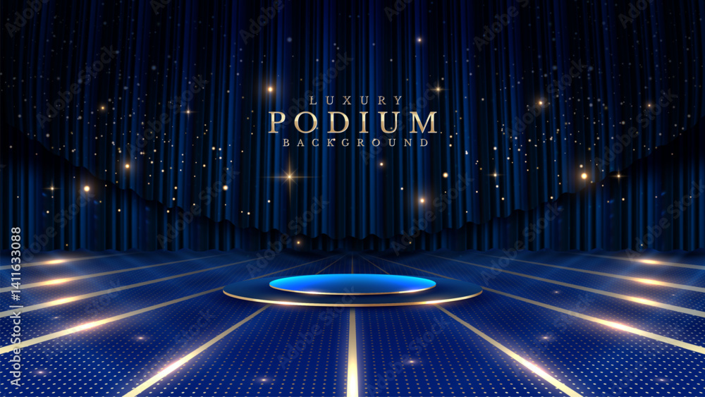 Poster golden empty podium on blue background with soft neon effect with bokeh decoration on curtain backdr