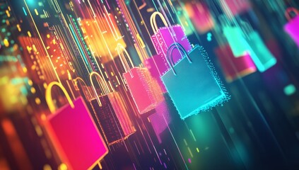 Digital shopping bags in vibrant colors, falling through a dynamic digital network