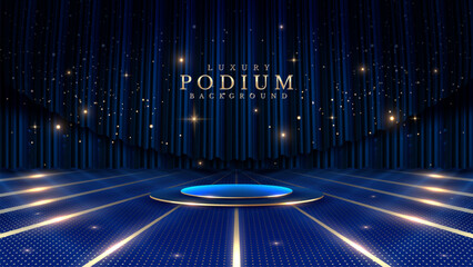 Golden empty podium on blue background with soft neon effect with bokeh decoration on curtain backdrop. Luxury stage design concept. Vector illustration.