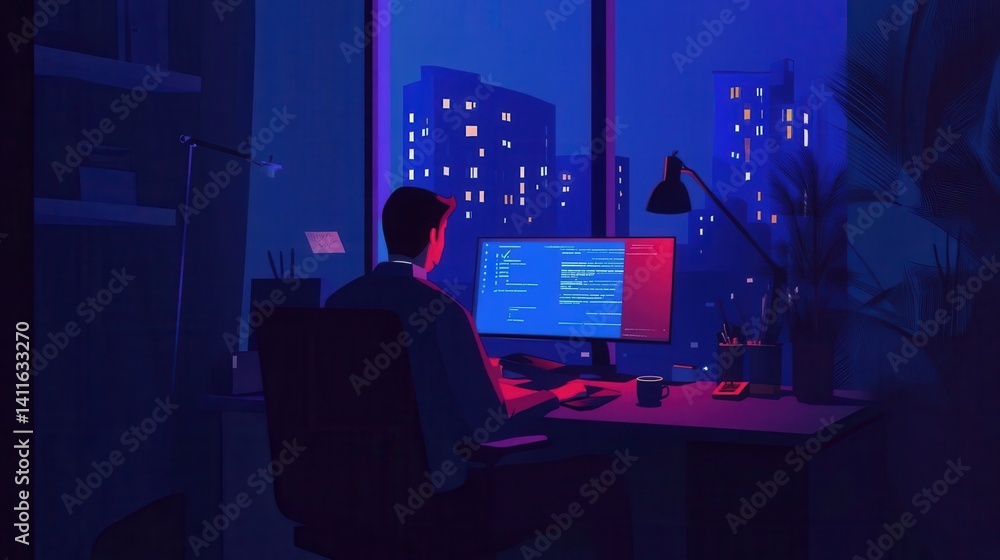 Poster night-time programmer working late at a city view desk.