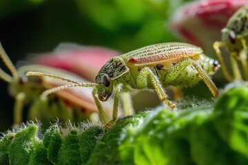 Naklejka premium Close-up of a green weevil with spotted legs on a fuzzy green leaf. Use to illustrate garden pests or the importance of insects in nature.