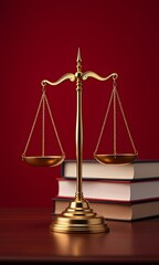 Law symbol with books on table.