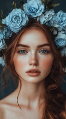Naklejka premium Portrait of a young woman adorned with a floral crown, exuding beauty and serenity against a dark background