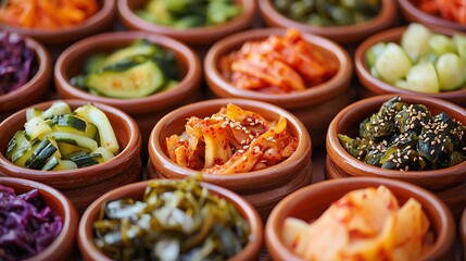 Colorful array of fermented vegetable dishes.