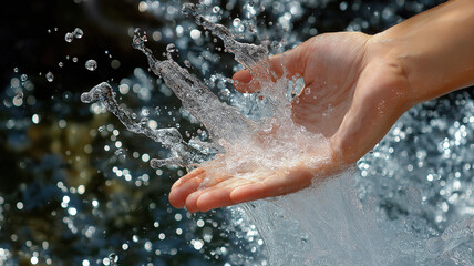 Fototapeta premium Hands splashing in shallow sea waves, sparkling water droplets frozen. 