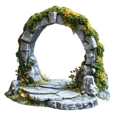 Stone archway covered in lush greenery, leading to a scenic outdoor environment