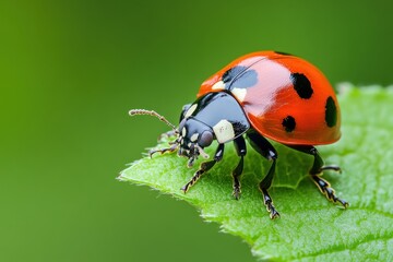 Fototapeta premium A ladybug rests on a vibrant green leaf, captured in stunning macro detail. Use it for nature blogs, garden guides, or insect conservation campaigns.