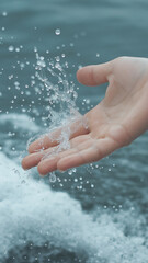 Fototapeta premium Hands splashing in shallow sea waves, sparkling water droplets frozen. 