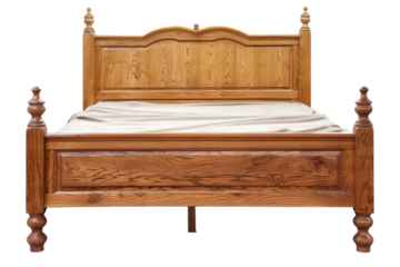 Rustic wooden bed frame with elegant craftsmanship and natural finish in a cozy bedroom setting during the daylight hours isolated on transparent background