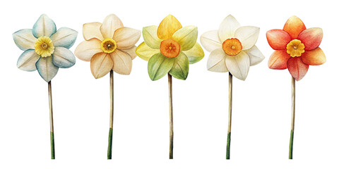 Watercolor illustration of five daffodils in different colors standing side by side