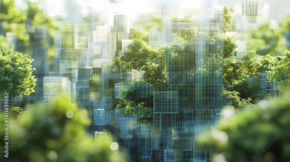 Poster green trees with digital grid overlay create an abstract nature scene. ideal for representing concep