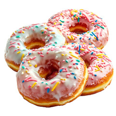 Three colorful donuts with icing and sprinkles arranged attractively for dessert enjoyment