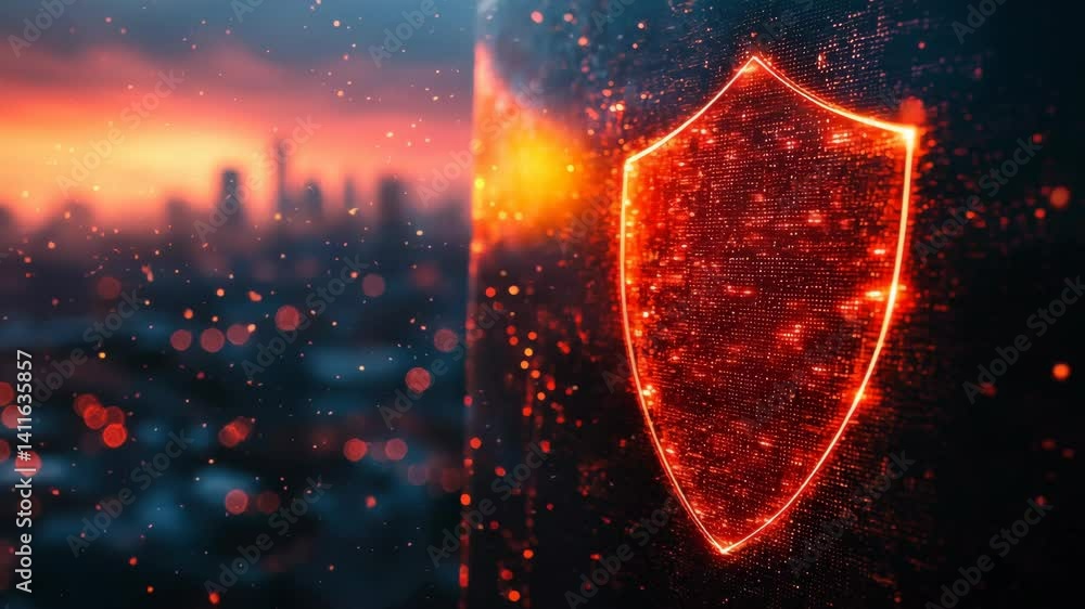 Aufkleber vibrant digital shield glows against a city skyline as data streams pulse through the night atmosphe