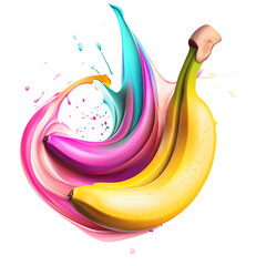 Vibrant bananas surrounded by colorful splashes, showcasing freshness and creativity