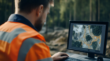 Geotechnical engineer using advanced mapping software to analyze lithium deposit locations. Featuring digital mapping