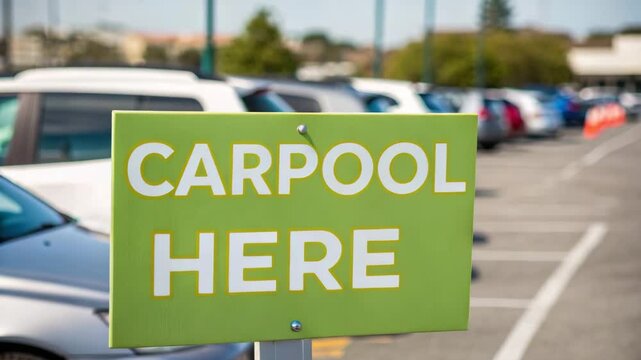 Low impact concept. A bright green sign indicating "Carpool Here" stands prominently in a parking lot filled with cars.