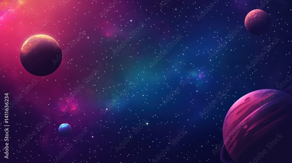 Poster colorful space landscape with multiple planets
