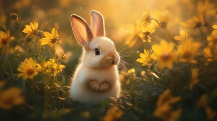 Fototapeta premium A fluffy bunny sits among yellow flowers in golden sunlight