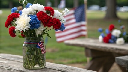 Patriotic flower arrangement with american flag for memorial day or independence day decor