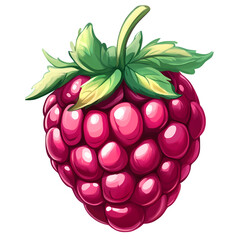 Vibrant raspberry with lush green leaves against a subtle background, ideal for food themes