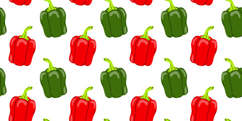 Colorful pattern of red and green bell peppers arranged on a white background for decorative use