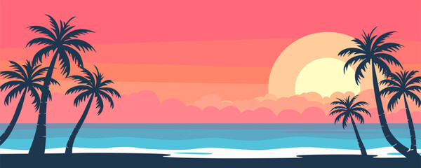 Sunset on the beach, wind illustration. Beautiful sunset on a tropical beach with palm trees. Evening beach of a tropical paradise island.