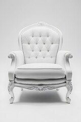 Elegant White Leather Armchair, Classic Rococo Style, Luxury Furniture, Vintage Chair, Upholstered Seat,  Ornate Carving,  White Background