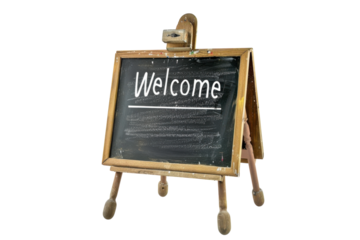 A charming welcome sign on a rustic chalkboard, inviting guests to a cozy gathering at sunset in a quaint outdoor setting isolated on transparent background
