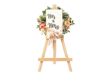 A beautifully crafted display featuring a 'Mr & Mrs' sign adorned with pastel flowers on a wooden easel at a wedding celebration isolated on transparent background