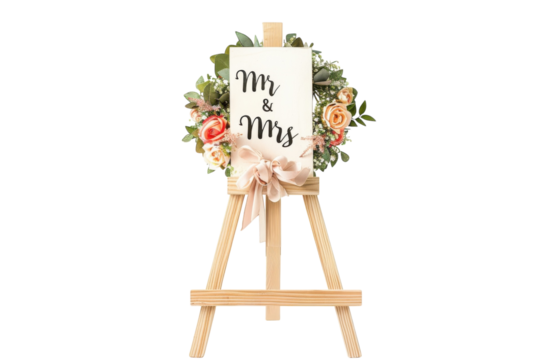 A beautifully crafted display featuring a 'Mr & Mrs' sign adorned with pastel flowers on a wooden easel at a wedding celebration isolated on transparent background - Powered by Adobe