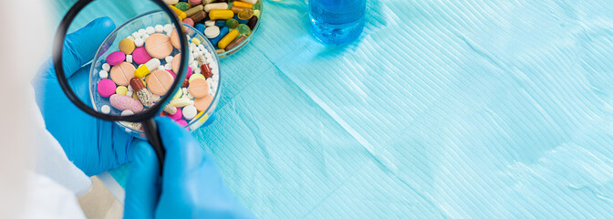 examine drugs in the laboratory. Selective focus.