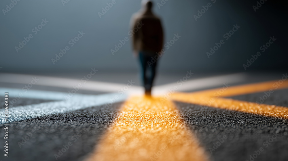 Poster navigating the crossroads: a solitary figure walks into the unknown, symbolizing choice and uncertai