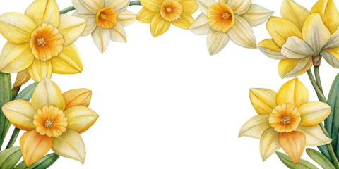 Watercolor daffodils floral frame with leaves on a Trensprent Background png for cards