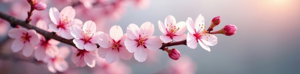 Fototapeta premium Delicate pink & white cherry blossoms blooming on a tree branch in early spring , pretty, cherry blossom