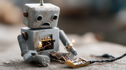 Broken Robot: A weathered, vintage robot sits with its chest cavity open, revealing exposed wires and a blinking light. Its face reflects an eerie stillness.