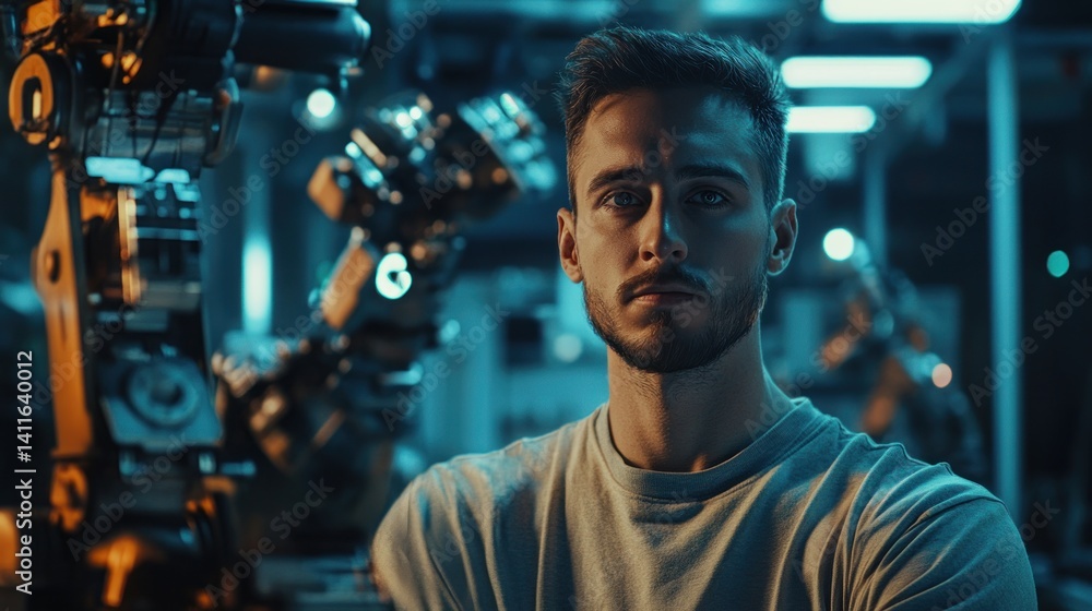 Poster focused engineer in a futuristic lab with advanced robotics